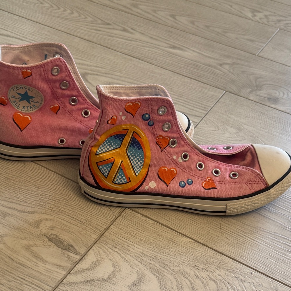 Converse Pink High-Tops with Peace and Heart Design